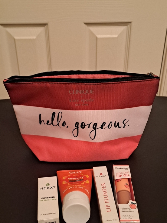 Clinique Handbags - Kate Spade Clinique Striped Cosmetic Pouch in Coral, Pink, &White NWOT &4 beauty